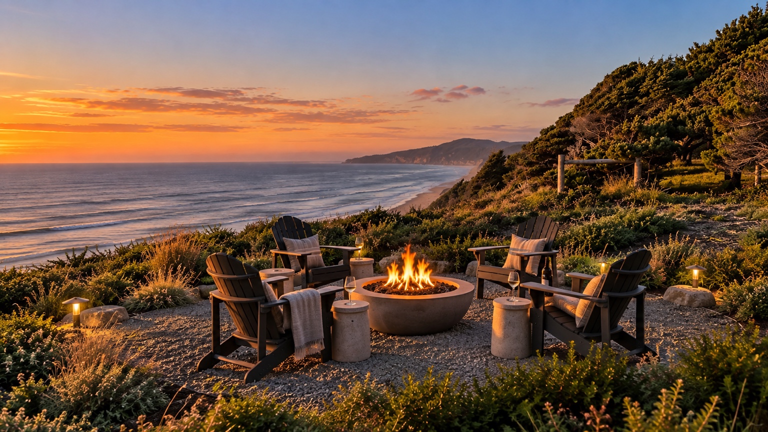 Concept rendering of a firepit seating area overlooking the Pacific